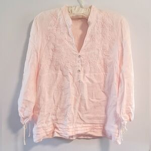 L Tweeds Linen Embroidered Boxy Boho Cottagecore Peasant Sleeve Natural Fiber